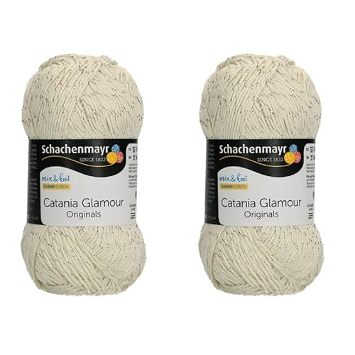 2 Knäuel loser Glitzer Schachenmayr Catania Glamour Garn, Sparkle Cotton Metallic Soft Garn, Easy Crochet SMC Catania Garn, 2-Feines glänzendes Strickgarn, Glitzer Baumwollgarn Pack (102-Ecru) von Generic