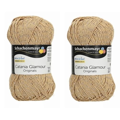 2 Knäuel loser Glitzer Schachenmayr Catania Glamour Garn, Sparkle Cotton Metallic Soft Garn, Easy Crochet SMC Catania Garn, 2-Feines glänzendes Strickgarn, Glitzer Baumwollgarn Pack (105-Beige) von Generic