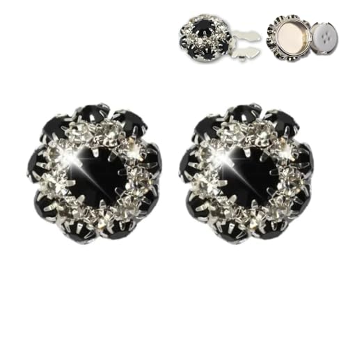 2 PCS Rhinestone Shirt Buttons, Rhinestone Button Covers for Women, Detachable Shirt Button Clips Buttons Jewelry, Flower Sleeve No Sew Instant Button Clip (Black) von Generic