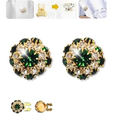 2 PCS Rhinestone Shirt Buttons, Rhinestone Button Covers for Women, Detachable Shirt Button Clips Buttons Jewelry, Flower Sleeve No Sew Instant Button Clip (Green) von Generic