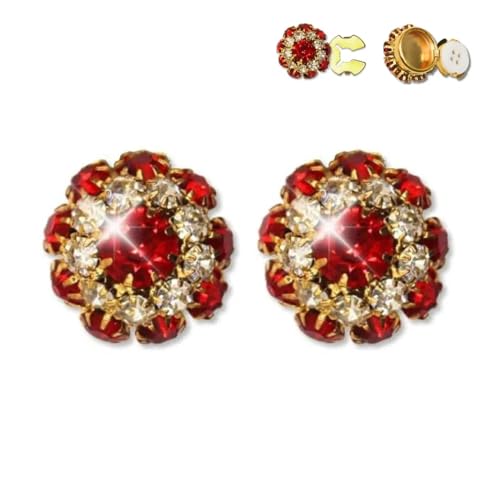 2 PCS Rhinestone Shirt Buttons, Rhinestone Button Covers for Women, Detachable Shirt Button Clips Buttons Jewelry, Flower Sleeve No Sew Instant Button Clip (Red) von Generic