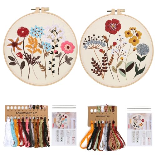 2 Sets Sticken set Erwachsene, Embroidery Kit Blumenstickset Stickset für Anfänger DIY Kunstprojekt Bastelset mit Stickrahmen Anleitung Sticknadel Stickgarn Kreuzstich Set(Muster A+B) von Generic