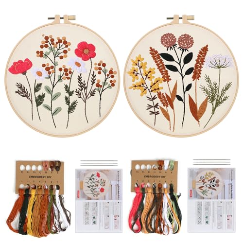 2 Sets Sticken set Erwachsene, Embroidery Kit Blumenstickset Stickset für Anfänger DIY Kunstprojekt Bastelset mit Stickrahmen Anleitung Sticknadel Stickgarn Kreuzstich Set(Muster C+D) von Generic