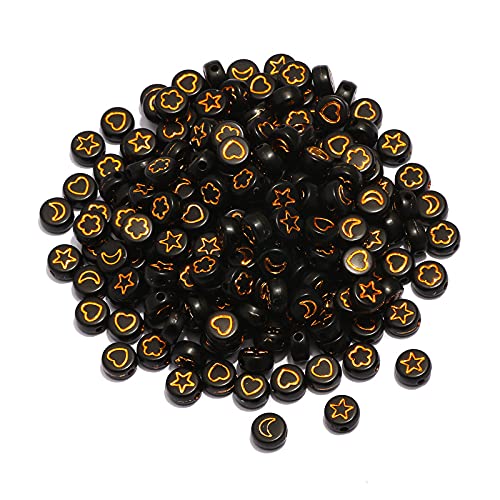 200 Stück schwarze flache runde Acryl-Perlen mit Herz-, Stern-, Mond- und Blumen-Perlen zum Basteln von Schmuck und Armbändern von Generic