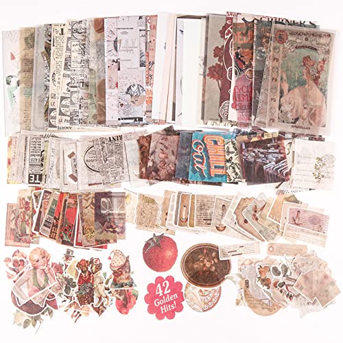 220 Stk Vintage Sticker Set Scrapbook Bullet Journal Zubehör Scrapbooking Aesthetic Sticker 180 Stk Selbstklebendes Papier und 40 dekorative Blätter für Craft Scrapbook Album,DIY, Bullet Journal von Generic