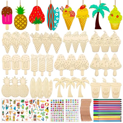 288Pcs Hawaiianischer Stil Holz Bastelset Kinder, Eiscreme Holz Basteln Kinder, Holzbastelsets für Kinder, mit 36 Holz, 202 Strasssteine, 36 Seile, 12 Farbstifte, 2 Aufkleber, für Kinder DIY Handwerk von Generic