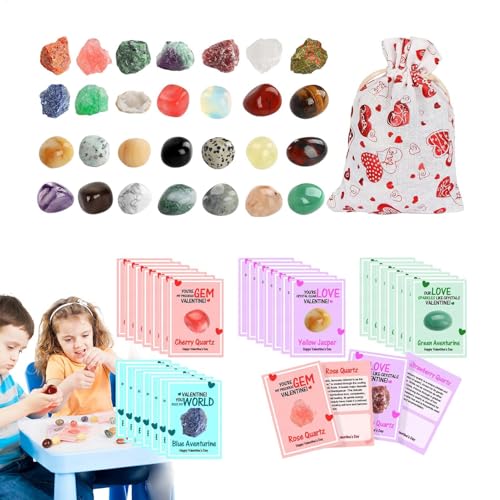 28pcs Kinder Valentinstagskarten - & Crystal Rock Cards für Kinder | Fun & Educational Partys Gefälligkeiten, Bulk -Grußkarten mit Edelsteinen für die Schule, Valentinstagsgeschenke für Junge von Generic