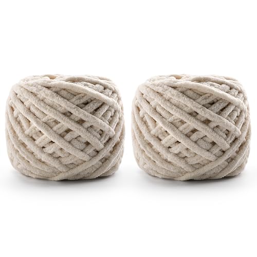 2er-Pack grobes Chenille-Garn zum Häkeln – 148 Yards weiches Babydeckengarn – flauschiges Plüschgarn zum Stricken und Basteln, Amigurumi – Anfängergarn 200 g (Beige) von Generic