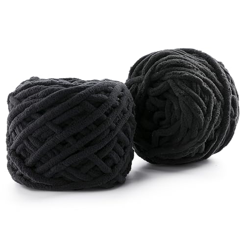 2er-Pack grobes Chenille-Garn zum Häkeln – 148 Yards weiches Babydeckengarn – flauschiges Plüschgarn zum Stricken und Basteln, Amigurumi – Anfängergarn 200 g (schwarz) von Generic