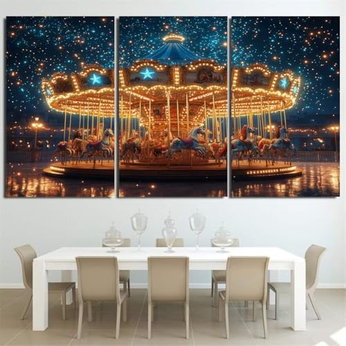 3 Pack DIY 5D Diamond Painting Kit, 3 Teilig Diamond Painting Bilder Erwachsene Full Bohrer Diamant Stickerei Malerei Crystal Strass Kunsthandwerk für Haus Home Wand Dekor Karussell Round 60x40cm Y857 von Generic