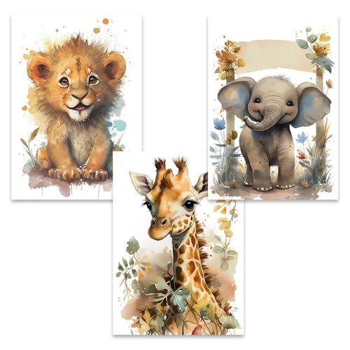 3 Poster Tiere Dschungel Kinder Schlafzimmer Baby Elefant Löwe Giraffe Bild Wanddekoration Schlafzimmer Jungen Mädchen 30 x 40 cm Leinwand Tiere Bohrer Geschenk ohne Rahmen von Generic