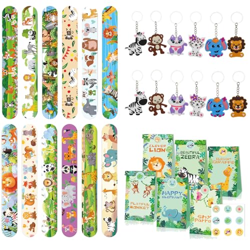 36 Pcs Dschungel Safari Party Mitgebsel Kindergeburtstag,Inklusive 12 Kinder Slap Armbänder,12 Schlüsselanhänger ,12 Geschenktüte für für Kinder Jungen Safari Tiere Deko Waldtiere Themed Party von Generic