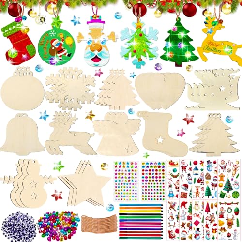 360Pcs Bastelset Weihnachten Kinder,Holzanhänger Weihnachten Deko,Basteln Weihnachten Kinder,mit Glocken Augen Schnüren Strasssteinen Aufklebern,Christbaumschmuck Kinder von Generic