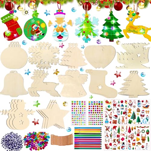 360Pcs Bastelset Weihnachten Kinder,Holzanhänger Weihnachten Deko,Basteln Weihnachten Kinder,mit Glocken Augen Schnüren Strasssteinen Aufklebern,Christbaumschmuck und Weihnachtsgeschenke für Kinder von Generic