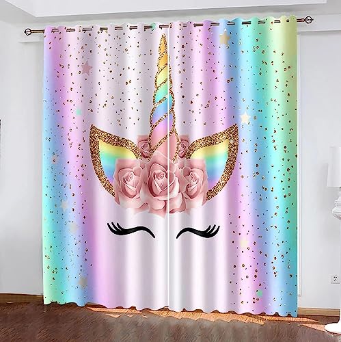 3D Vorhänge Blickdicht Gardinenregenbogen-Einhorn 183 X 214 cm Vorhänge Kinderzimmer Wohnzimmer Thermo Gardinen Für Raum Verdunkeln Ösenvorhang. 2Er/Set Verdunklungsgardine -3V5R-X7 von Generic