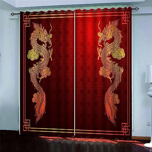 3D Vorhänge Wohnzimmer Blickdicht Gardinen 220 X 215 cm Roter Chinesischer Drache Verdunkelungsvorhang Kinderzimmer Thermovorhang Fensterdekoration Polyester Vorhänge Für Schlafzimmer -2J1I/B6J von Generic