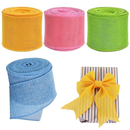 4 Rollen Ostern Schleifenband Breit Set - Grün/Pink/Blau/Gelb Dekoband Sackleinen 5 * 200cm | Geschenkband Breit Für Geschenk, Basteln,Hochzeit,Schleifen von Generic