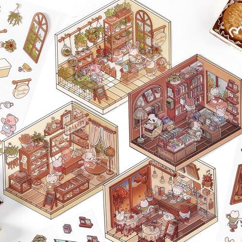 4 Sets DIY 3D Haus Aufkleber, 3D Sticker Kinder Erwachsene, 3D Scene Sticker Set, Blumenzimmer, Café, Bäckerei Und Bibliothek, DIY 3D-Aufkleber Für Notizbücher Und Handyhüllen Als Wanddekoration von Generic