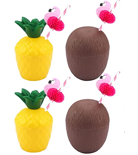 4 Stück Hawaii-Party-Kokosnussbecher, Ananas-Tassen-Set, hawaiianische Tassen mit Flamingo-Trinkhalmen, tropische Cocktail-Party-Trinkbecher, hawaiianische Luau-Tassen für Strand-Themen, Sommerparty von Generic