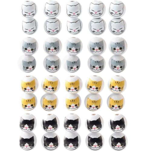 40 Pcs Katzen Holzperlen Cartoon Katze Kopf Rund Holzperlen Für Perlengirlanden Makrame Handwerk Schmuck Machen Dekorationen von Generic