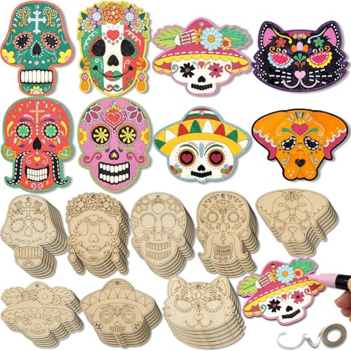 48 Sets Tag der Toten Zuckerschädel Handwerk Unlackierte Holz Zuckerschädel Ornamente Dia De Los Muertos Dekorationen Machen Sie Ihre eigene mexikanische Fiesta, blanko Ausschnitt zum Aufhängen von Generic