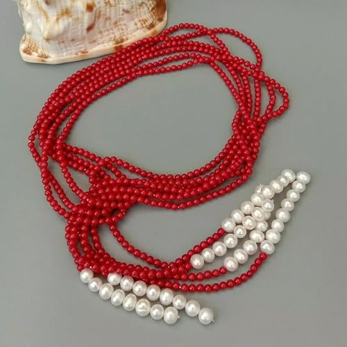 50" 3-reihige rote Koralle Zuchtperle weiße Perle Lariat Lange Halskette 50" 3-reihige rote Koralle Zuchtperle weiße Perle Lariat Lange Halskette von Generic