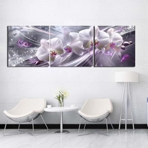 5D Diamant Painting Set,3 Stück Diamond Painting Bilder,DIY Diamant Malerei Kinder Erwachsene Drill Diamond Painting nach Zahlen Diamond Art Kits für Home Wall Décor Weiße lila Orchidee 40x120cm Y1258 von Generic