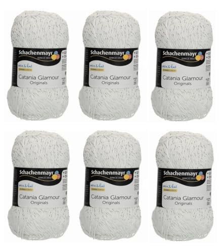 6 Knäuel Schachenmayr Catania Glamour Garn Set, Baumwolle Glitzer Einfach Häkelgarn Pack, Glänzendes mercerisiertes Baumwollgarn zum Basteln, Metallic Cotton Amigurumi Garn (101-White) von Generic