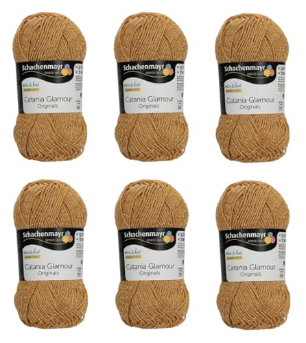 6 Knäuel Schachenmayr Catania Glamour Garn Set, Cotton Glitter Easy Crochet Yarn Pack, Glänzendes mercerisiertes Baumwollgarn zum Basteln, Metallic Cotton Amigurumi Garn (120-Gold) von Generic