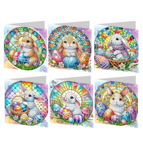 6 Stück 5D DIY Osterrabbit Diamond Painting Karten, Osterrabbit Elemente Diamond Kunstkarten, Rundbohrer Kristall Bastelkarte, Strassmalset für Familienfreunde Handgemachtes Geschenk von Generic