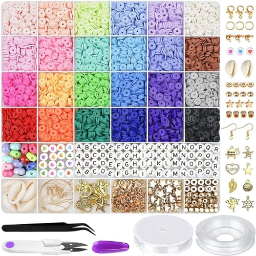 6000 Stück 24 Farben Flache Runde Polymer-Ton-Perlen 6 Mm Abstandshalter Mit Anhänger-Charms-Set Und Elastischen Schnüren for Die Schmuckherstellung von Generic