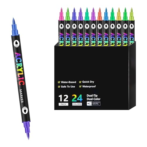 72 Farben Acrylstifte, Filzstifte Set Dual Brush Pen für Erwachsene, Acrylstifte Wasserfest Textilstifte, für Textil, Steine, Holz, Papier, Keramik, DIY (12) von Generic