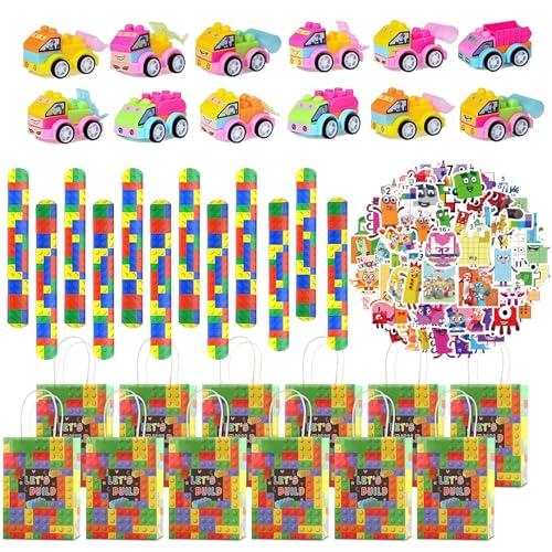 88PCS Bausteine Party Mitgebsel,Bausteine Schlüsselanhänger Silikon Armband Geschenktüte Spielzeugauto Schnapparmband Aufkleber, für DIY Blöcken Themen Party Geschenk für Kindergeburtstag von Generic