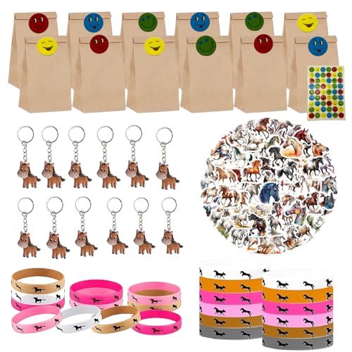 96pcs Pferde Party Mitgebsel Kindergeburtstag,West Cowboy Party Deko,12 Pferde Silikon Armbänder, 12 Geschenktüte,12 Pferde Schlüsselanhänger, 60 Pferde Aufkleber für Junge Mädchen von Generic