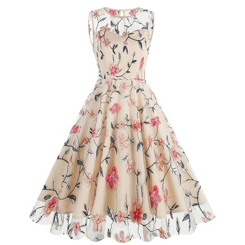 Ärmelloses Retro-Kleid aus Netzstoff mit Rundhalsausschnitt und Blumenstickerei Rose-Apricot-M von Generic