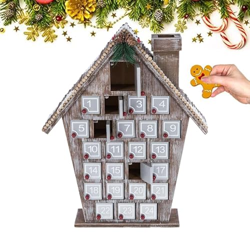 Adventskalender 2024 Aus Holz – Feiertags-Countdown-Hütte, Winter-Countdown-Haus | Weihnachts-Adventskalender-Haus Mit 24 Schubladen Und LED-Licht, Beleuchtete Weihnachts-Countdown-Ornamente von Generic