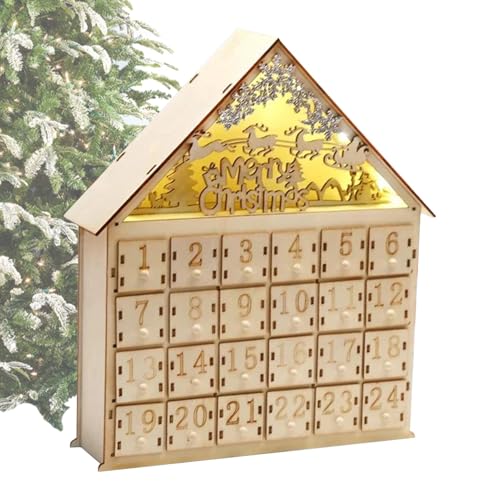 Adventskalender Aus Holz – Weihnachts-Countdown-Display, Handgefertigter Ornamenthalter Aus Holz | Elchhaus-Adventskalender, Weihnachts-Countdown-Box Mit LED-Lichtern, Fröhliche Weihnachtsfeiertagsdek von Generic