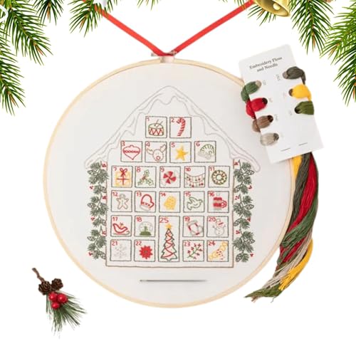 Adventskalender-Handstickmuster, Weihnachtsstickset,Stickset Weihnachtsschmuck mit Faden und Stickrahmen - Schneebedecktes Haus zum Basteln mit Anleitung, Weihnachtsdekoration für Weihnachten von Generic