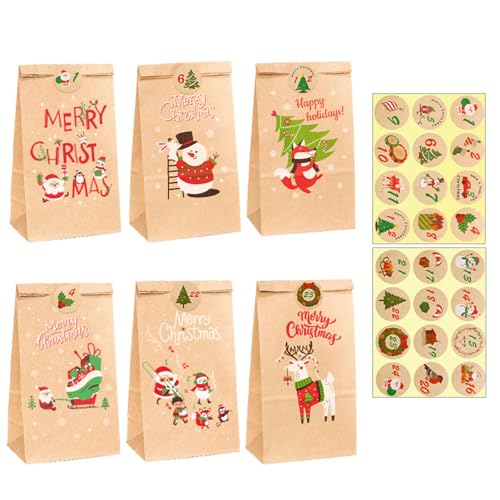 Adventskalender zum Befüllen, 24 Papiertüten, weihnachtliche Zahlenaufkleber, Holzklammern, Juteschnur, Adventskalender, DIY-Geschenktüten zum Basteln und Verschenken. AMQ279 (Beige, 24x13x3cm) von Generic