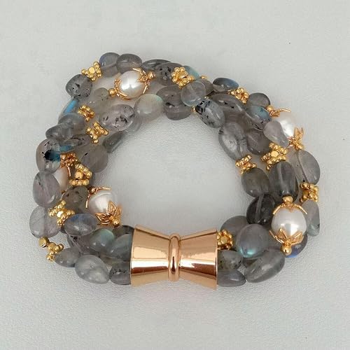 Armband aus natürlichen, 4 Strängen Labradorit-Zuchtperlen aus weißen Reisperlen, 21,6 cm Armband aus natürlichen, 4 Strängen Labradorit-Zuchtperlen aus weißen Reisperlen, 21,6 cm von Generic