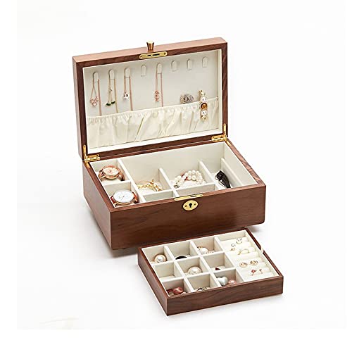 Aufbewahrungsbox, Schmuck-Organizer, Schmuckschatulle aus Holz – 2-lagiger Schmuck-Organizer mit Ringablage und Schloss für Damen und Mädchen – Halter für Ohrringe, Ringe, Halsk von Generic