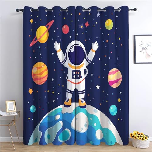 Bedruckte Verdunkelungsvorhänge mit Ösen Bunt, Cartoon Weltraum Astronaut Blickdicht Thermo Isoliert Vorhänge, Privatsphäre Schützende Gardinen für Schlafzimmer Wohnzimmer 234x230 cm von Generic