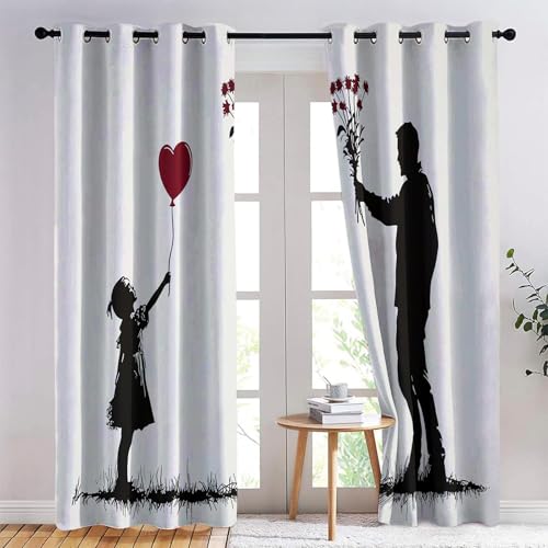 Bedruckte Vorhänge Kleines Mädchen Im Banksy-Stil Muster Blickdicht Vorhang Grau mit Ösen Gardinen Deko Ösenvorhang Dekoschal DekogardinenH260 x B140 cm (2er Pack) von Generic