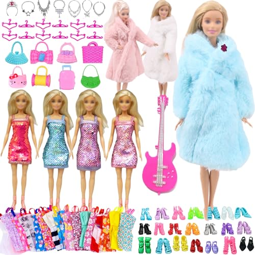 Bekleidung Kompatibel mit Barbie Kleidung, 41 Stück Puppenkleidungs Cloth for Doll 1 Wintermantel 1 Leuchtendes Kleid 10 Kleid aufhängen 10 Paar Schuhe 16 Zubehör für 11,5 Zoll Mädchen Puppen von Generic