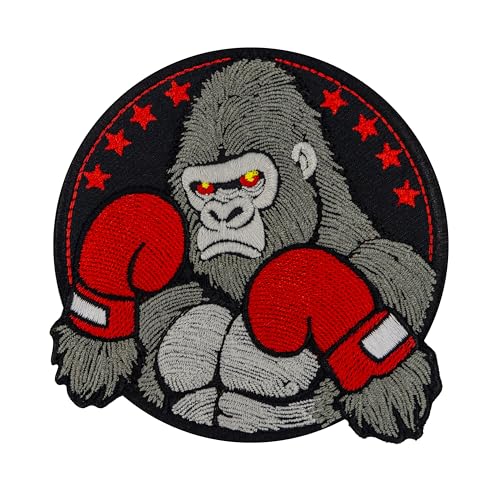 Bestickter Aufnäher zum Aufbügeln mit Boxgorilla, wilder Gorilla mit roten Boxhandschuhen, 9,9 x 9,9 cm, zum Aufbügeln von Generic