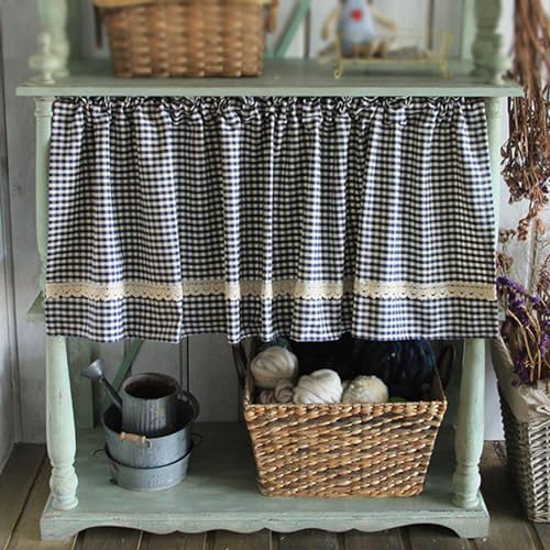 Bistrogardine Pastoral Kariert Scheibengardine Blickdicht Landhausstil Küchenvorhang Polyester Baumwolle Kurzgardine (Color : Blau, Size : 200x80cm/79x32in) von Generic