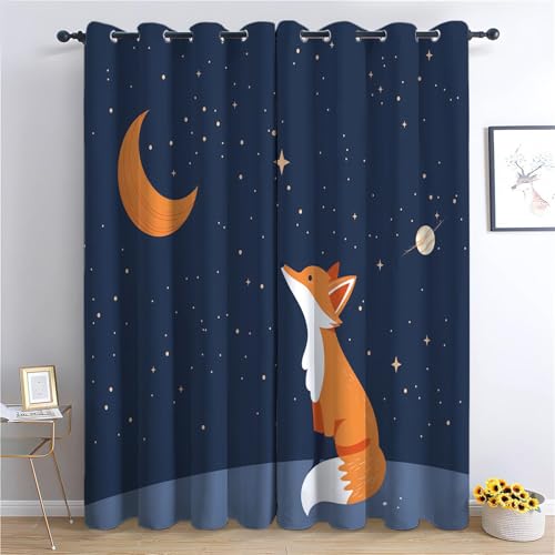 Blackout Vorhänge H166 x B150 cm Verdunkelung Vorhang mit Ösen, Cartoon Tier Fuchs Sterne Vorhang Dunkelblau Weich Polyester Vorhänge für Wohnzimmer Schlafzimmer und Kinderzimmer Dekorieren von Generic