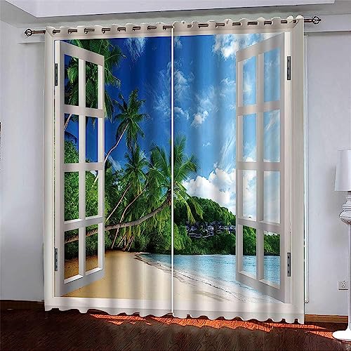 Blackout Vorhang 2Er Set Mit Ösen Vorhang Fenster Meerblick Strand Schattierung Vorhänge 3D Blickdicht Vorhang Schiebevorhänge Für Wohnzimmer Kinderzimmer Schlafzimmer Balkon 183 X 214 cm -2L6D-Q2N von Generic