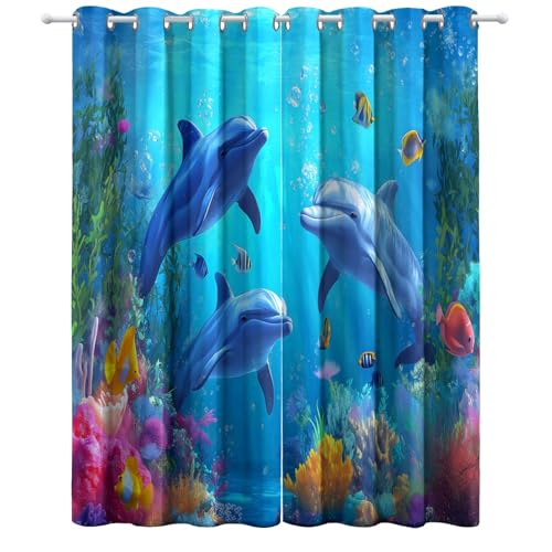 Blau Vorhang, Cartoon-Delfin und Koralle Gardinen mit Ösen Verdunkelungsvorhang, Wohnzimmer Schlafzimmer Kinderzimmer Blickdichte vorhänge, H214 x B91.5 cm (2er Pack) von Generic