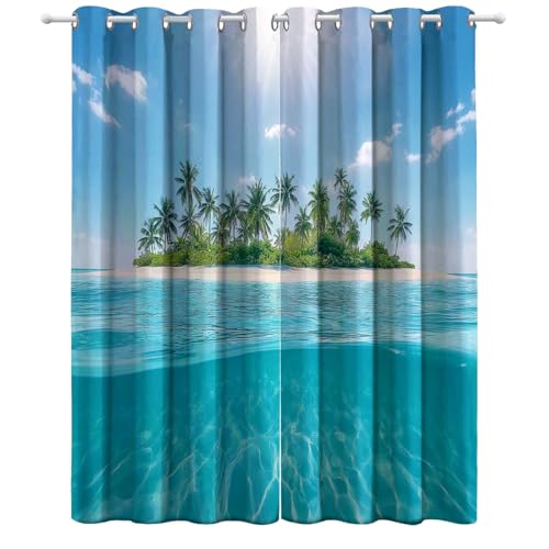 Blau Vorhang, Tropische Inselpalmen Gardinen mit Ösen Verdunkelungsvorhang, Wohnzimmer Schlafzimmer Kinderzimmer Blickdichte vorhänge, H215 x B110 cm (2er Pack) von Generic